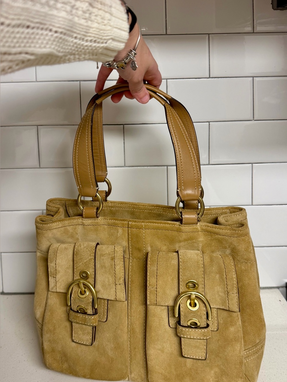 Coach Soho 8A22 Camel Suede Cargo Satchel Buckle Pocket Handbag